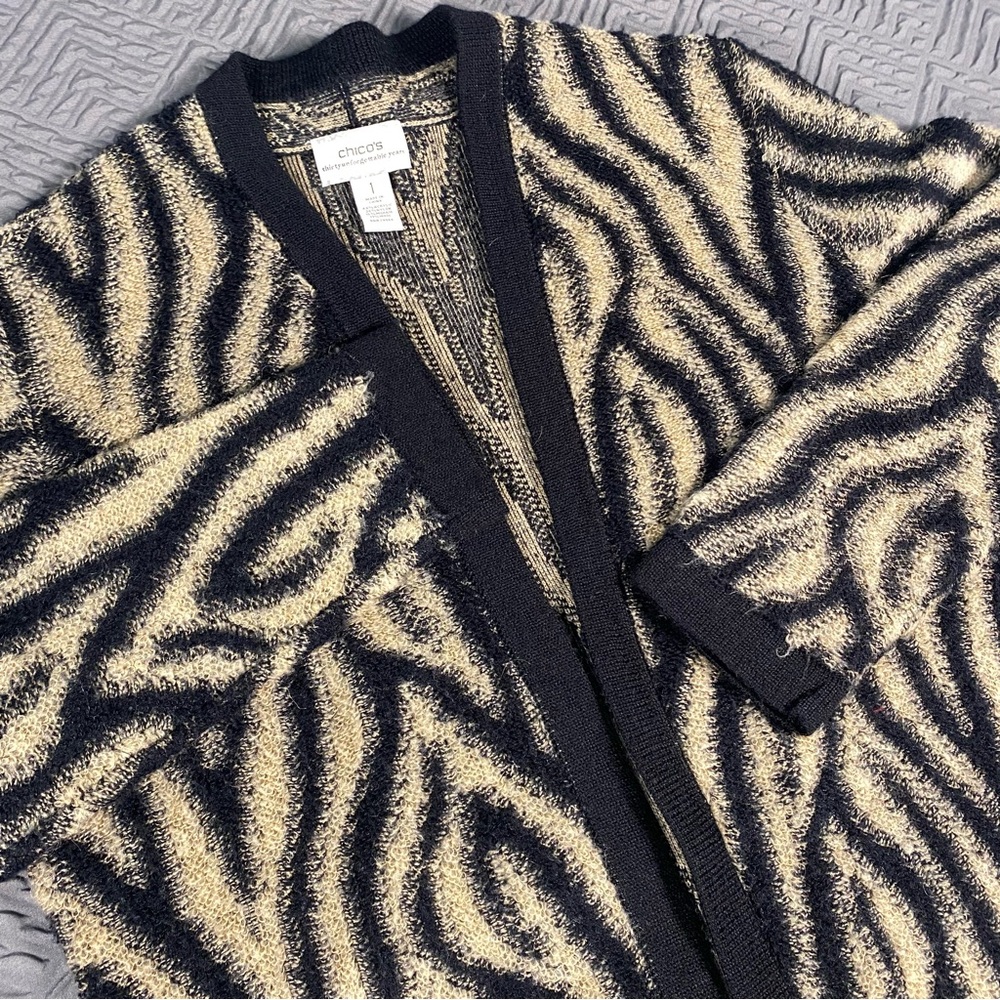 Chico’s Long Animal Print Black & Tan Cardigan Size Medium VGW